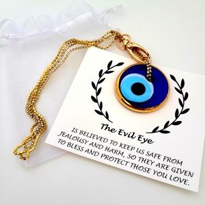 New Glass Evil Eye blue & gold pendant with rhinestone chain clasp